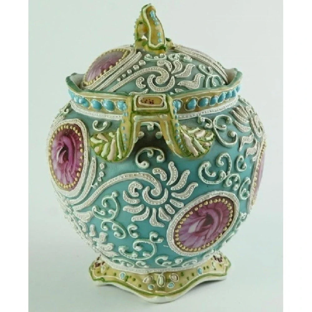 Antique Nippon Moriage Porcelain Lidded Jar and Bowl Set Pink Roses Teal 1890s